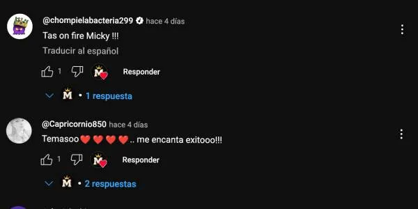 La imagen muestra más comentarios en el video de Micky Ricón