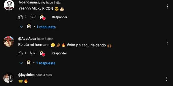 La imagen muestra comentarios de usuarios en el video de Micky Ricón